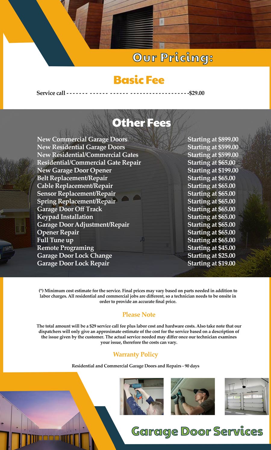 Price List Melville Garage Door Shop